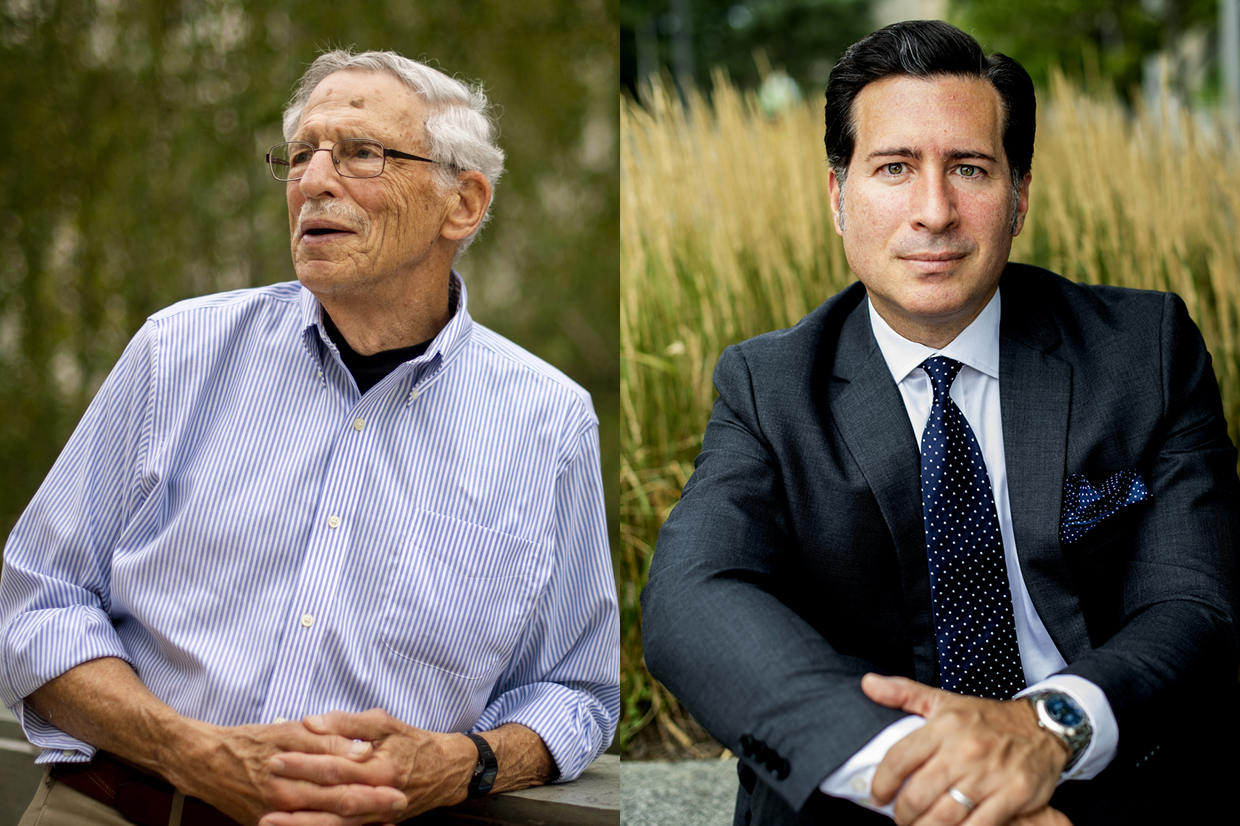Left to right: Michael Meltsner, the George J. and Kathleen Waters Matthews Distinguished Professor of Law at Northeastern; and Costas Panagopoulos, professor of political science.