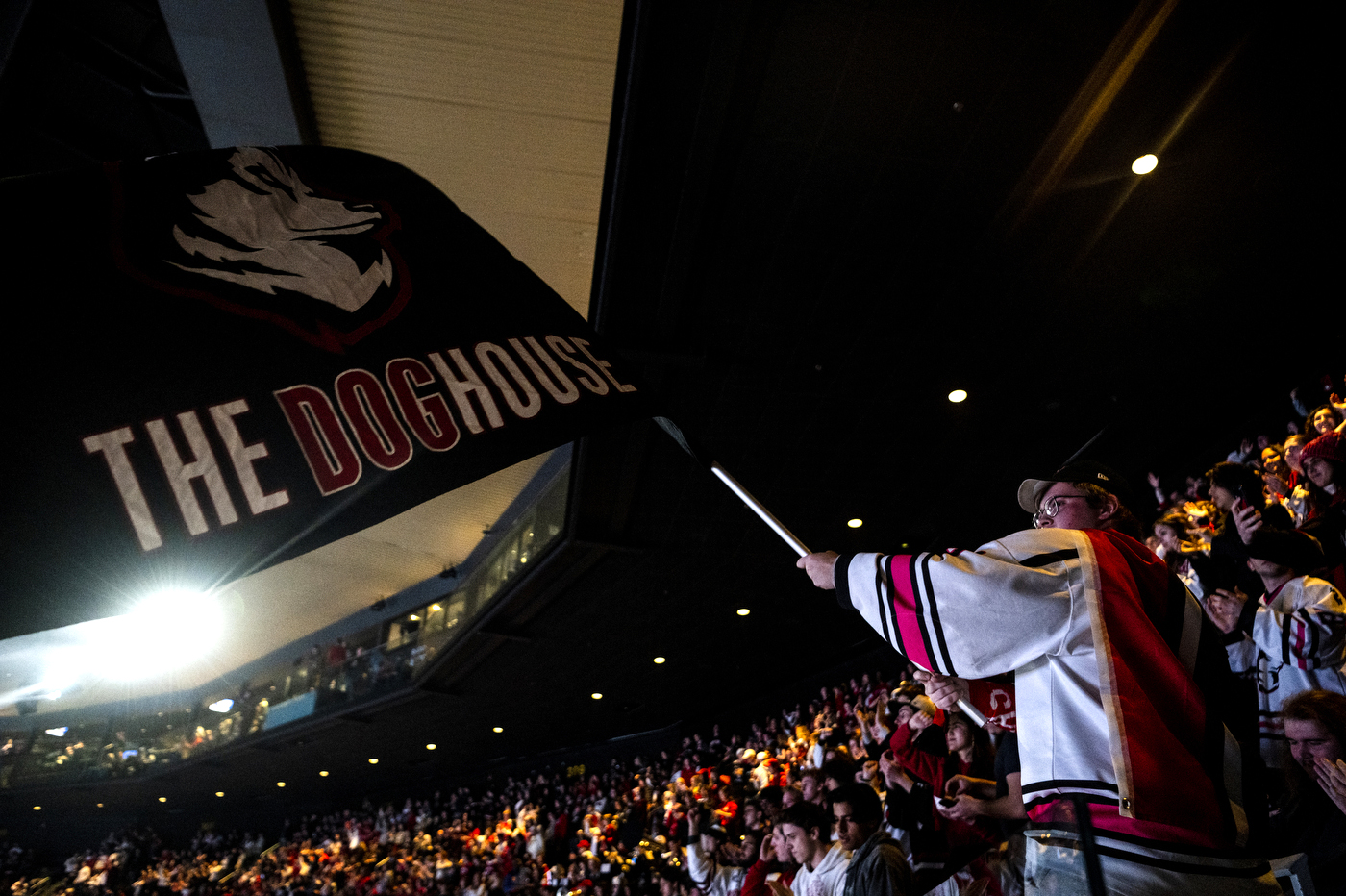 northeastern fan waving a doghouse flag