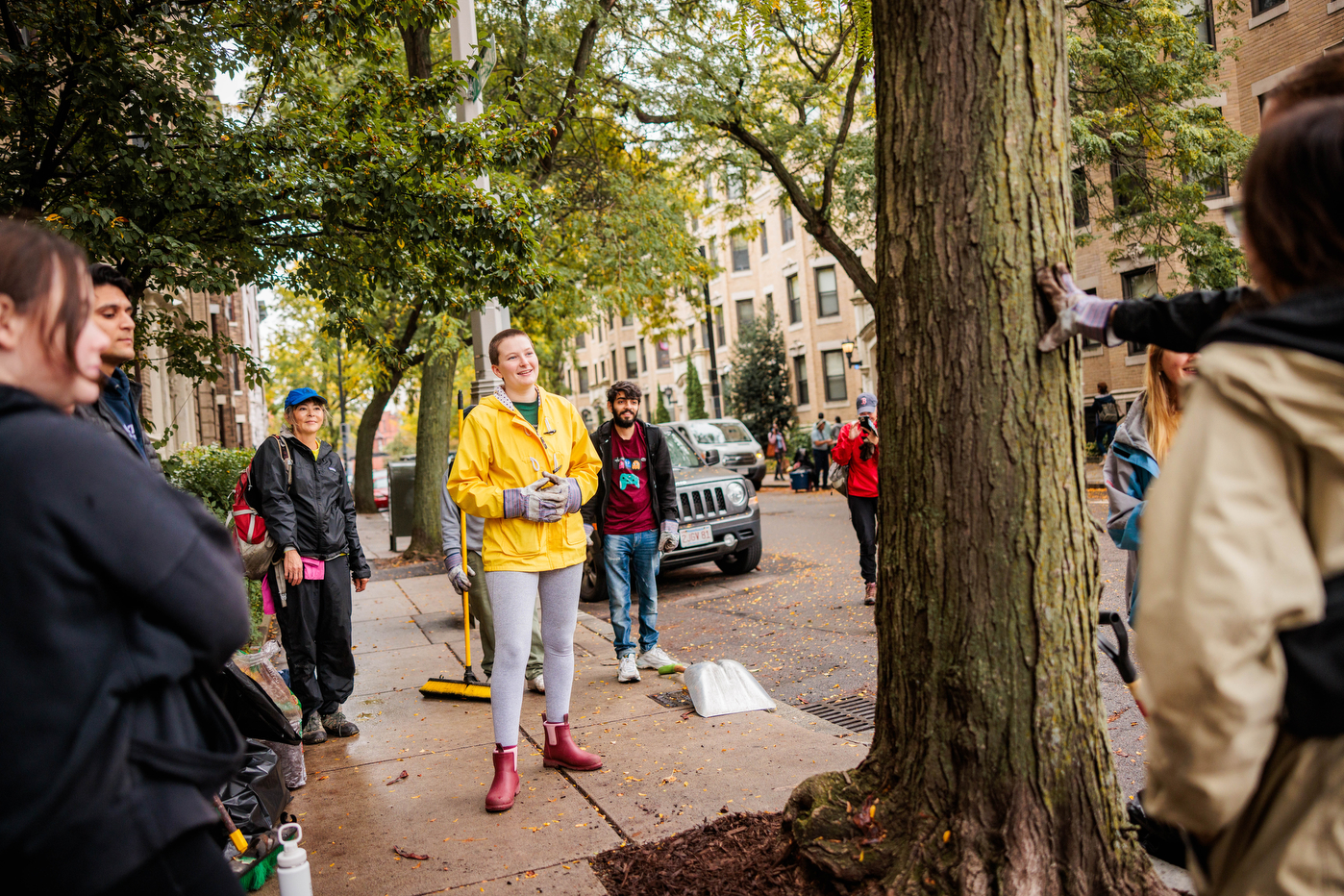 Students standing around a tree with mulch and rakes. 