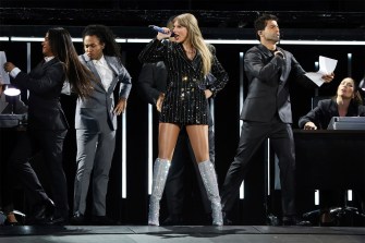 Taylor Swift performing on stage in Santa Clara, California.