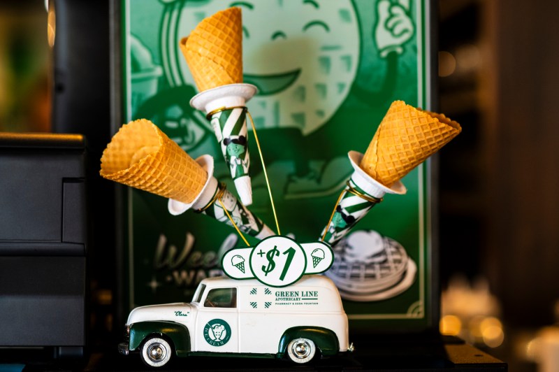 Model truck that doubles as an ice cream cone stand for waffle cones.