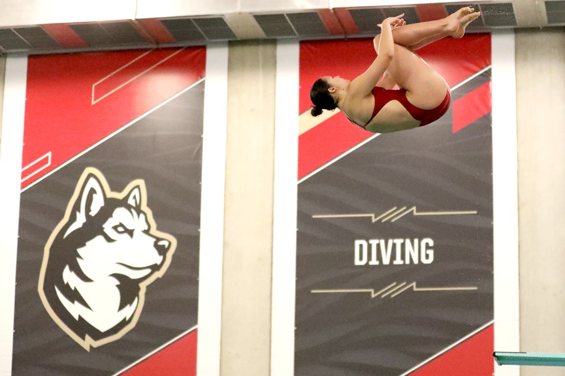 A diver positioned mid-air after jumping off a diving board.
