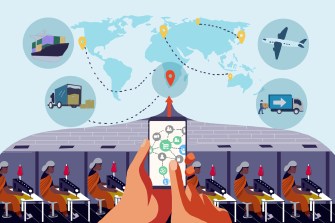 An illustration of a person holding up a phone displaying a database while workers sit at sewing machines in the background.