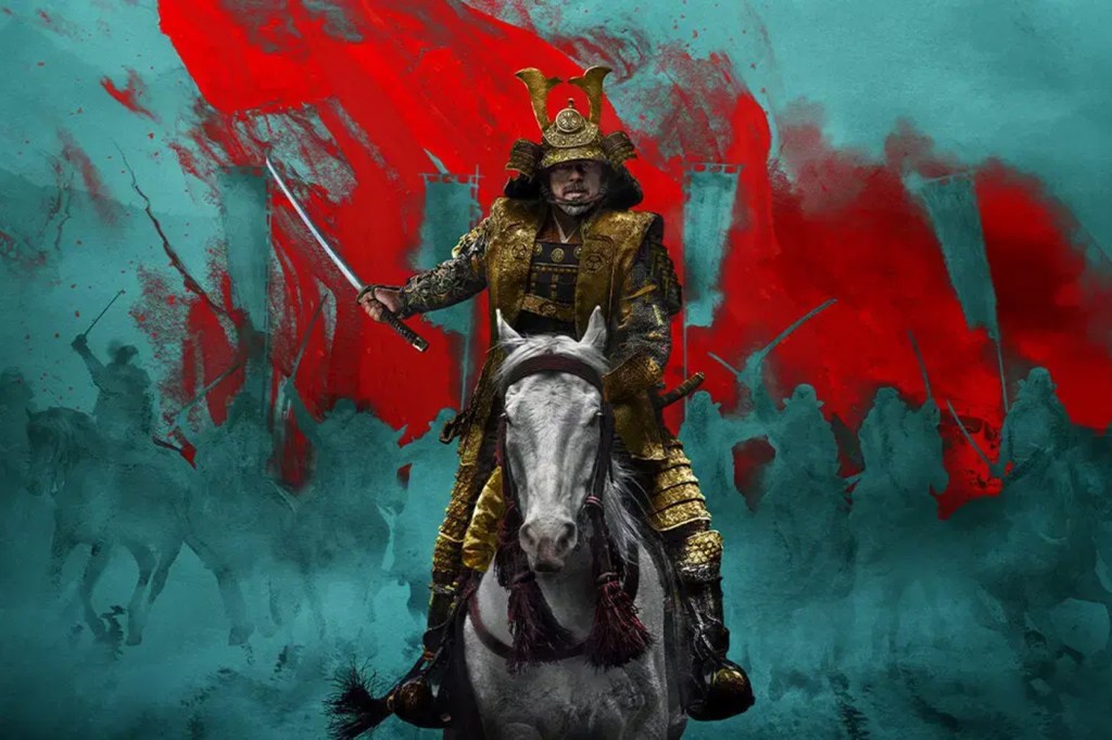 Shogun series banner showing a Japanese person riding a horse on a teal and red background.