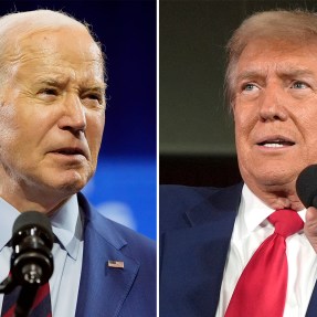 Joe Biden speaking into a microphone (left) and Donald Trump speaking into a microphone (right).
