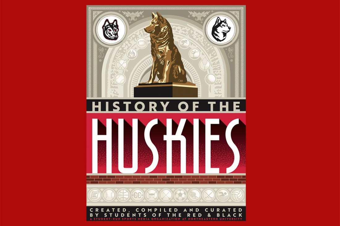Cover of “History of the Huskies,” a 250-page coffee table book created by Northeastern students, featuring a bronze husky statue and university symbols.