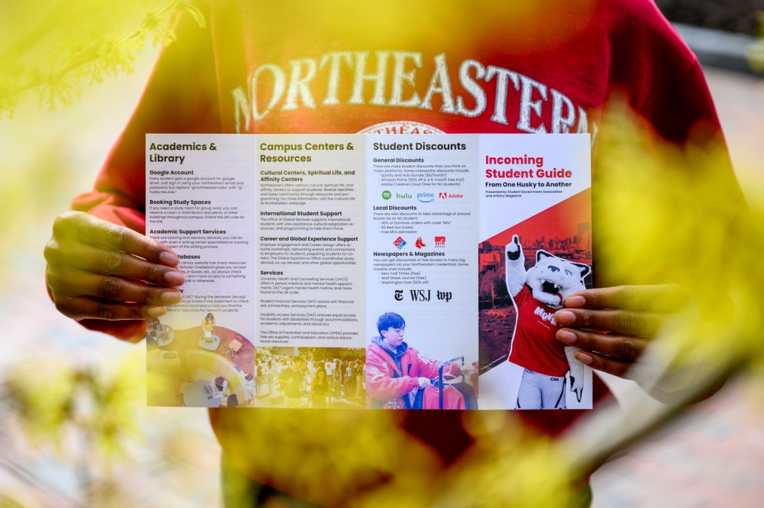 A student holding open the 'Incoming Student Guide' pamphlet, which has sections on 'Academics & Library,' 'Campus Centers & Resources,' and 'Student Discounts'. 