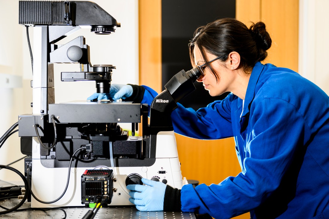 Sara Rouhanifard looking into a microscope.