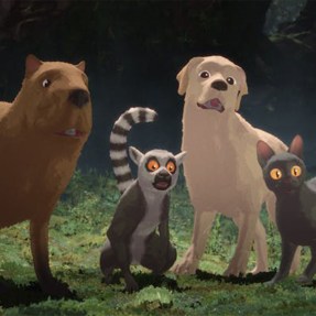 A screen capture from the movie "Flow" that shows an animated capybara, lemur, dog, and cat all standing next to each other.