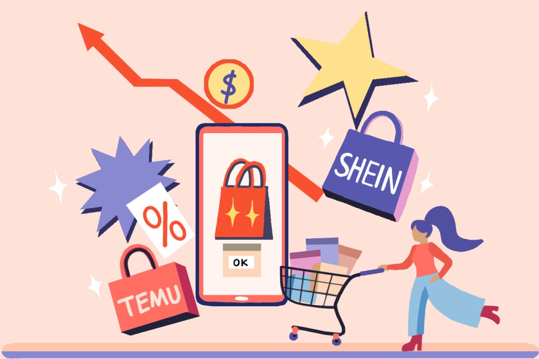 An illustration showing a person with a ponytail pushing a shopping cart. Above, shopping bags labeled 'Temu' and 'Shein' float along with a dollar sign and a line graph going upwards.