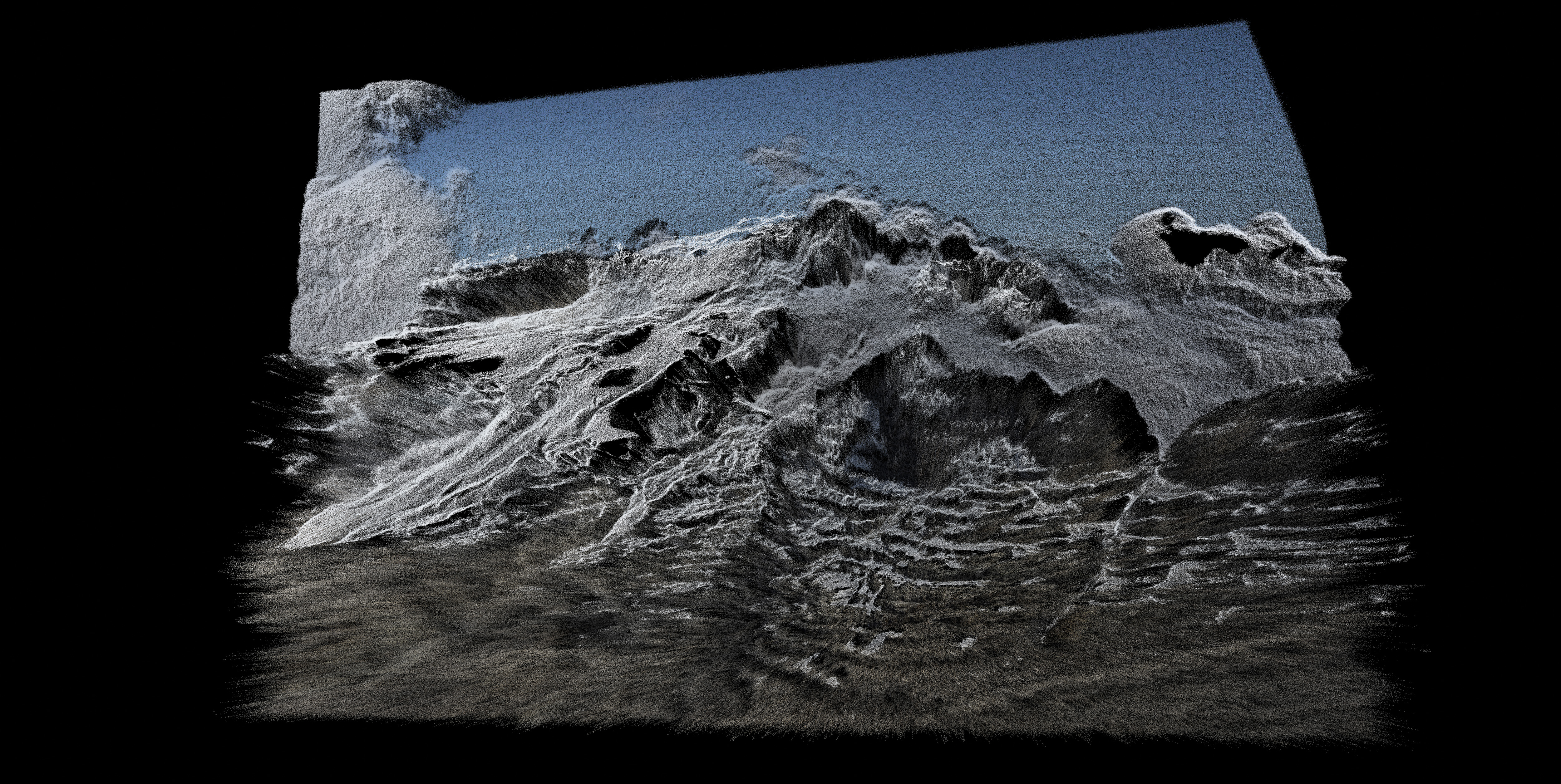 A distorted image of a glacier, pixelated and darkened.