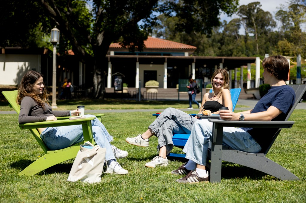 Three people sit in colorful outdoor chairs on a grassy lawn, enjoying a sunny day and chatting with drinks and food in hand.