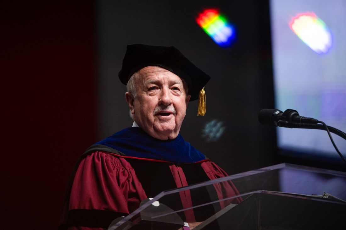 Daniel Levangie speaks at a Northeastern graduation ceremony.