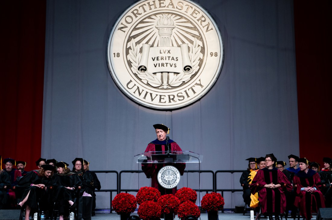 Daniel Levangie speaks to Northeastern graduates during a commencement ceremony at Matthews Arena.