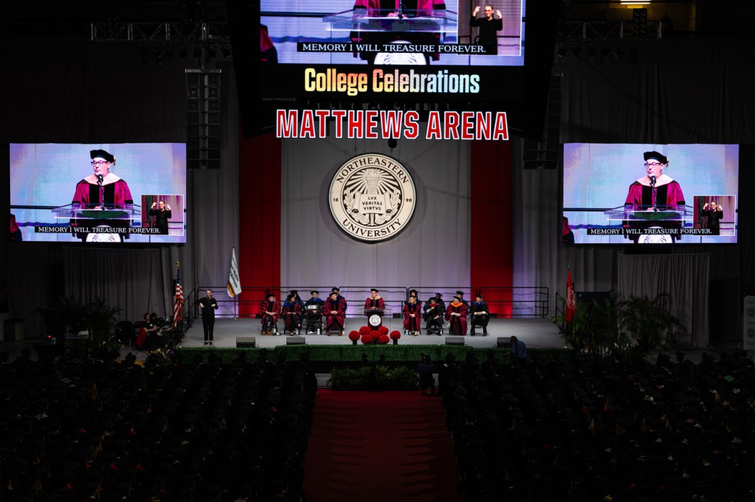 Former Deckers CEO speaks at a Northeastern commencement event at Matthews Arena.

