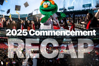 Collage-style image of Northeastern’s 2025 Commencement at Fenway Park featuring graduates throwing caps, the Red Sox mascot Wally in a Northeastern jersey, cheering students, and a packed stadium with “2025 Commencement RECAP” overlaid in bold text.