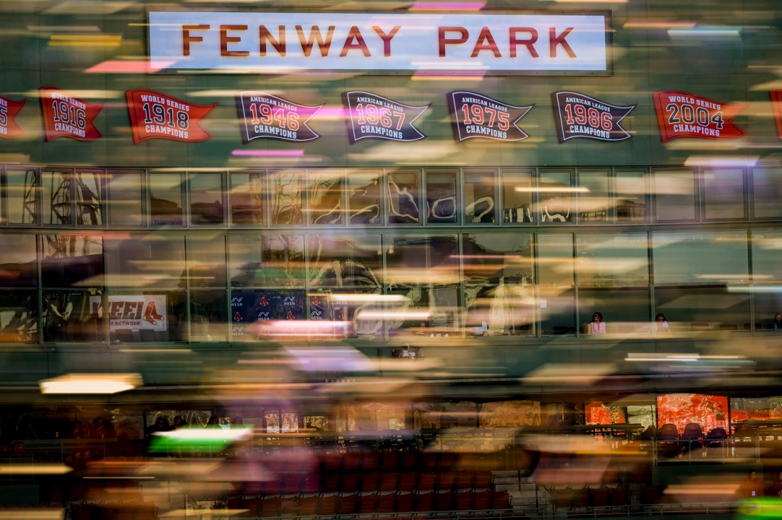 A motion-blurred view of the Fenway Park facade during Northeastern’s 2025 Commencement ceremony.