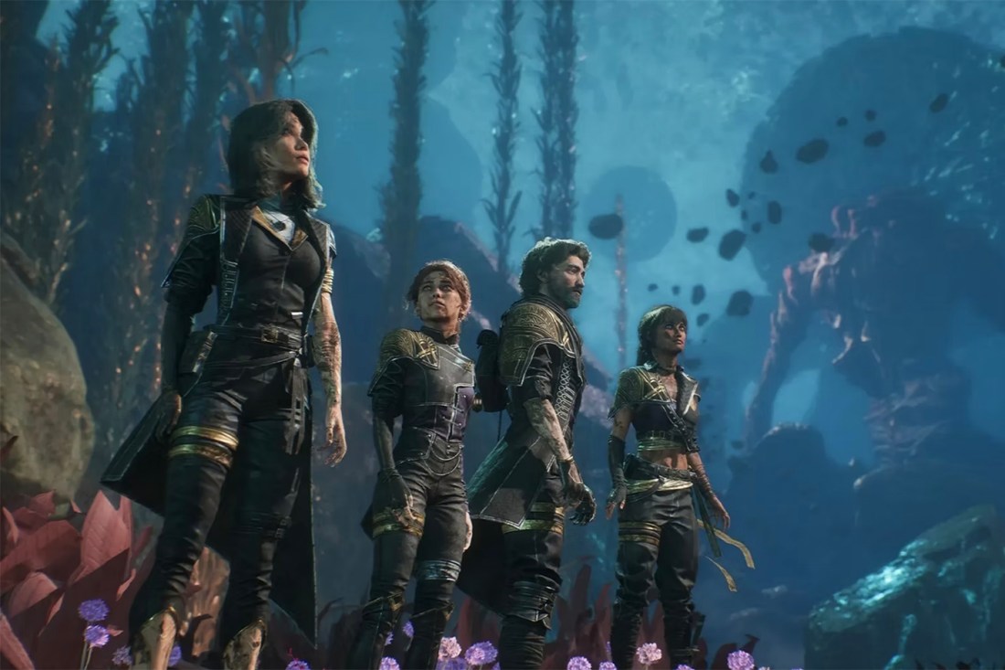 A screen capture from the game 'Clair Obscur' that shows four characters standing in a dystopian world side by side.