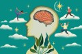 An illustration of a silhouette of a person's side profile with a brain inside them. Around them clouds are floating with people exercising on them.
