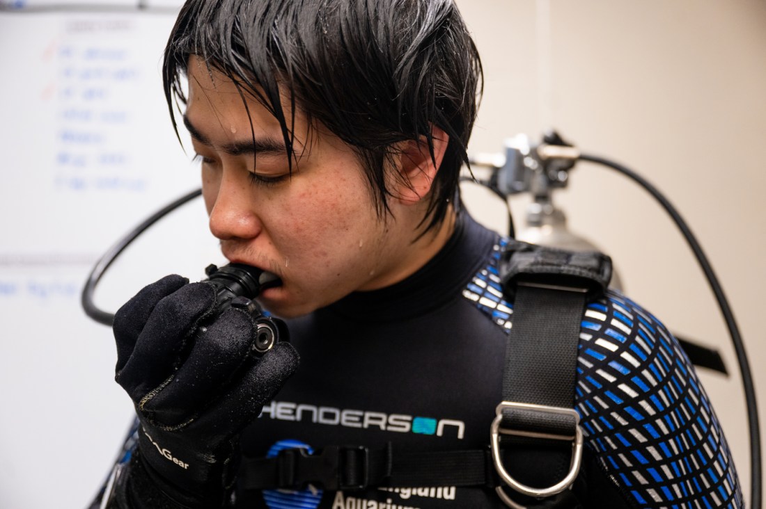 A person wearing a wetsuit with an oxygen mask connected to a tank in their mouth. Their hair is wet like they have just come out of the water.