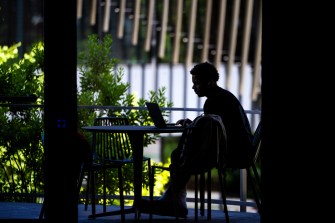 A person works on a laptop while seated at an outdoor table surrounded by plants and shadows.