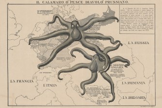A historical political cartoon map titled 'IL CALAMARO O PESCE DIAVOLO PRUSSIANO". The map depicts Prussia as a large dark octopus with multiple tentacles spreading across Central and Eastern Europe. The map includes Italian text and appears to be anti-Prussian propaganda.