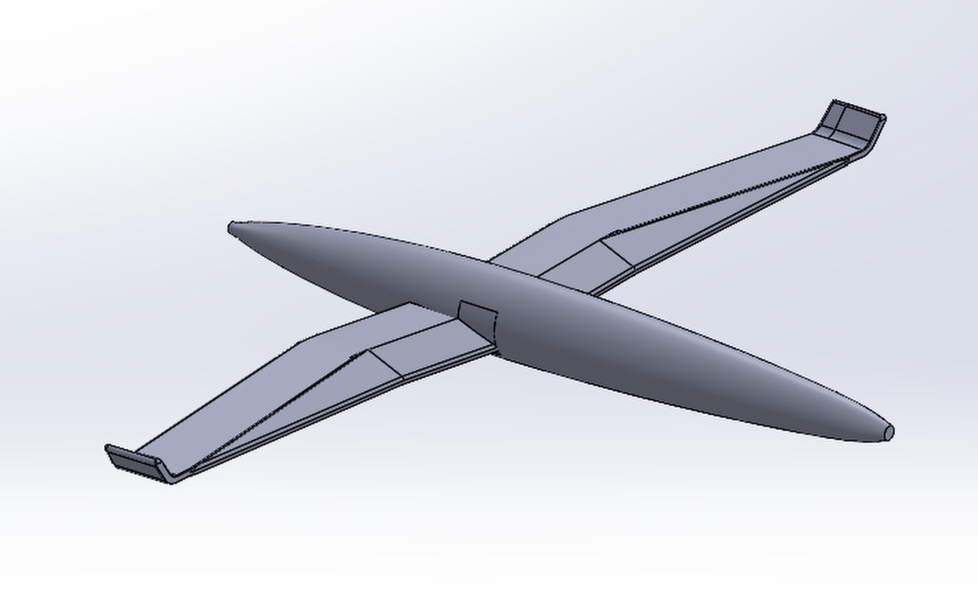 A rendering of a ovular body with wings that fold up at the tips