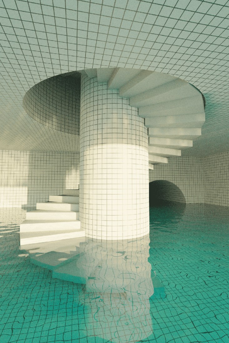 a spiral staircase that slides into a white tiled pool with green water