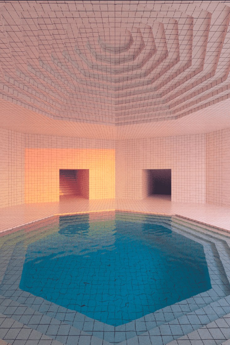 A hexagonal pink tiled pool filled with blue water.