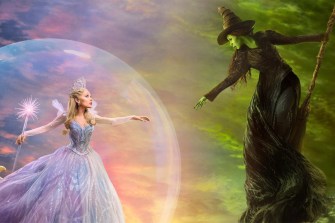 Two characters face each other in a dramatic, colorful fantasy setting.
