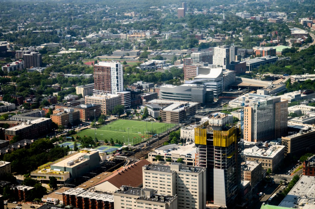 An aerial view of Northeastern's Boston campus, including Carter Playground.