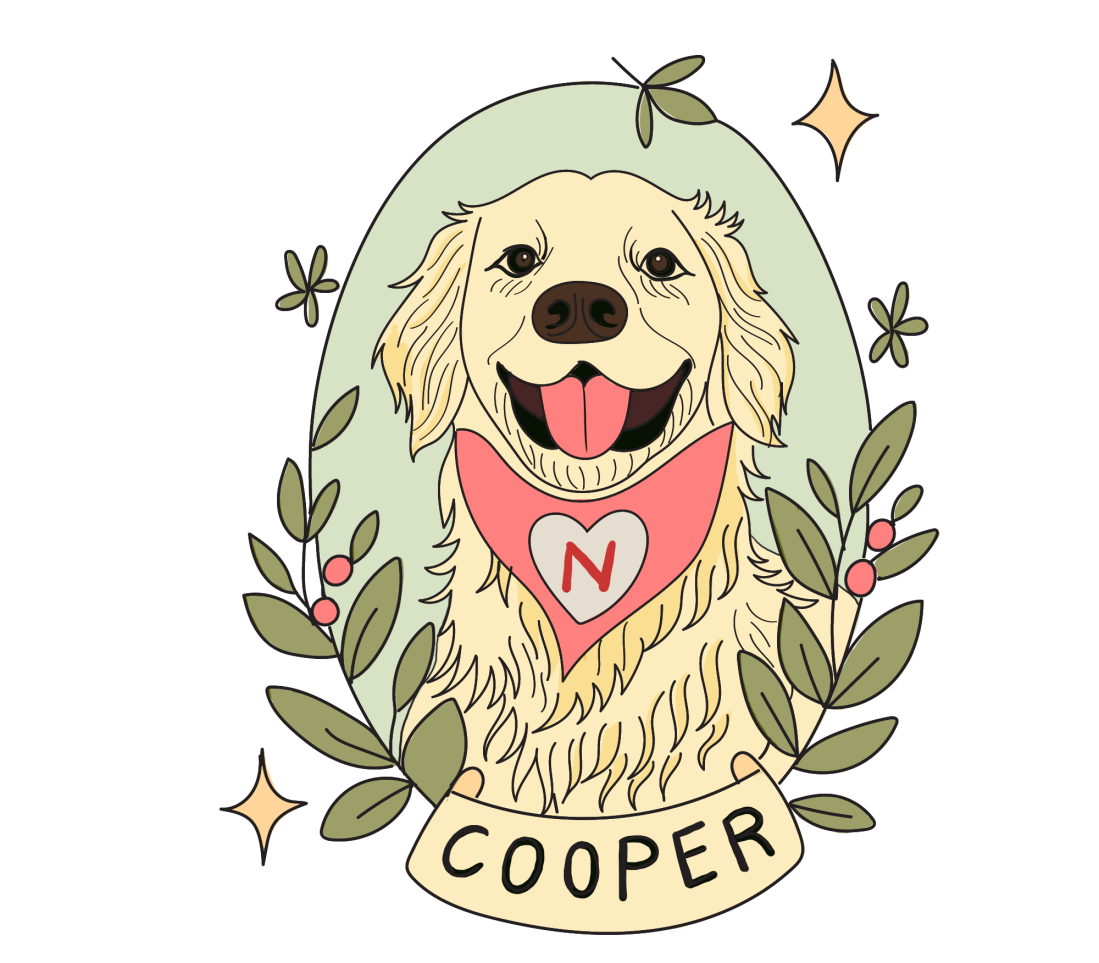 A cute illustration of the golden retriever Cooper smiling with leaves and sparkles