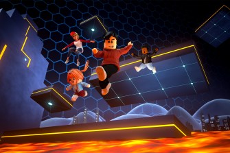 A rendering from the Roblox game that shows a lego astronaut in an orange spacesuit floating in space.