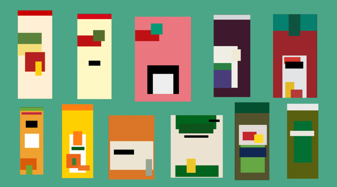 Geometric illustration showing two rows rectangular shapes in various colors, including cream, coral, burgundy, and green.