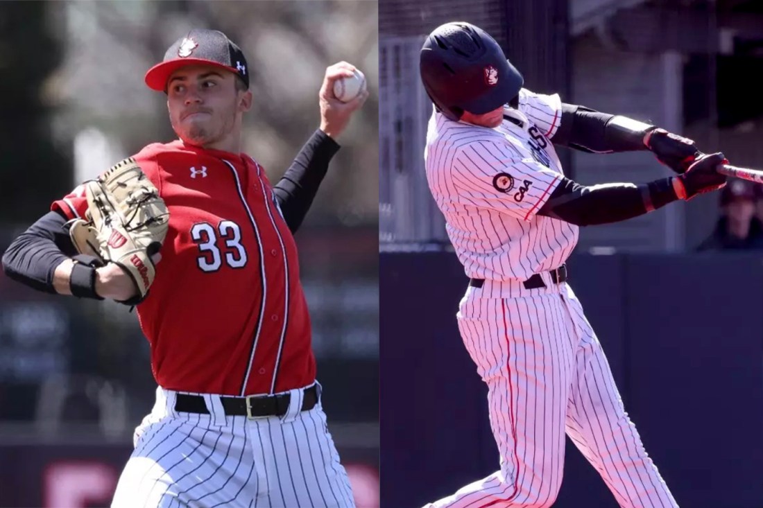 Split image of Northeastern University baseball players in action. On the left, a player in a red jersey and pinstriped pants winds up to pitch.