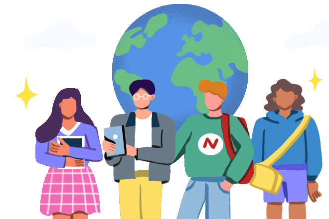 Four students standing together in colorful clothing in front of a globe