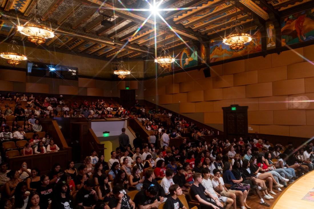 Students fill the seats of Littlefield Concert Hall at Northeastern’s Oakland campus during a welcome ceremony.