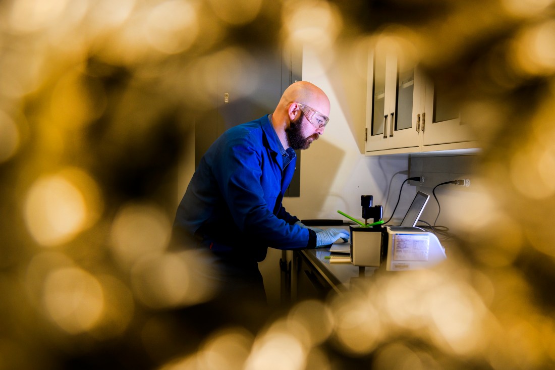 Bryan James working on a laptop in a lab. He is wearing safety glasses, blue gloves, and a blue denim button down shirt under a blue lab coat.