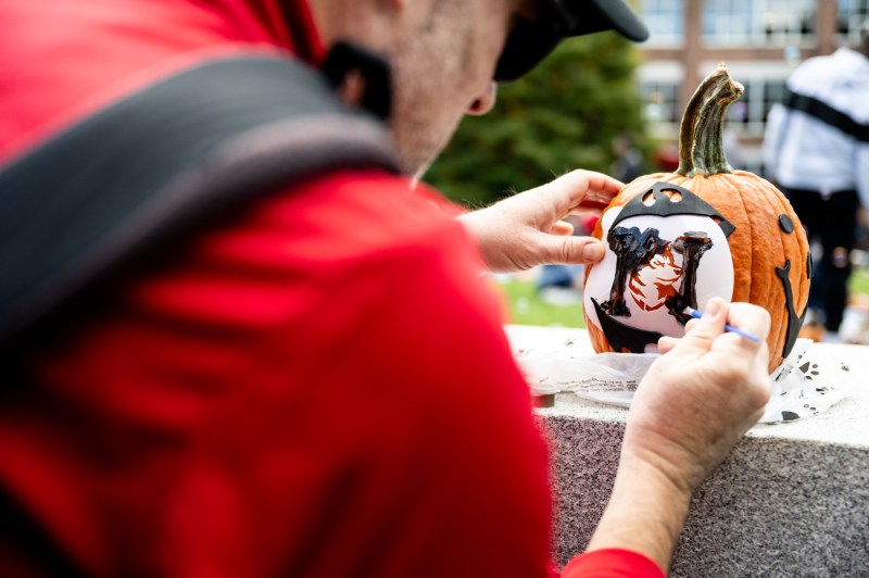 Close-up of a person painting a pumpkin with an image of a dog during Northeastern’s Friends and Family Weekend Fall Festival.