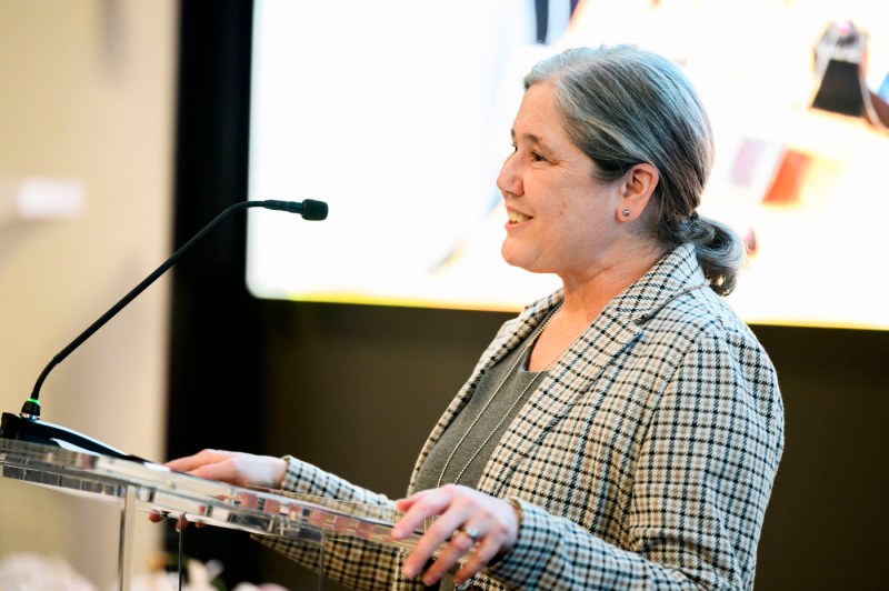 A woman with grey hair in a low ponytail standing at a podium and speaking into a microphone.