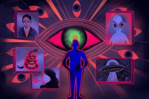 An illustration that depicts a series of conspiratorial images: an alien, a UFO, a mysterious man with dark glasses, all revolving around a central sketch of an all-seeing eye.